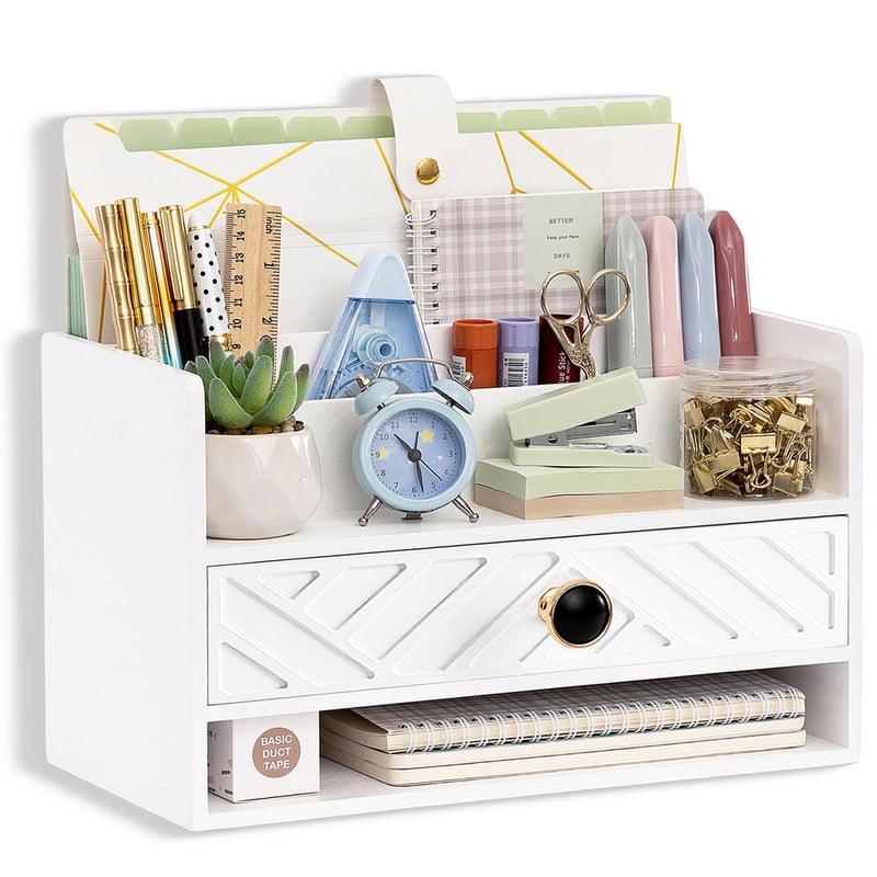 dreampossible white Wood Desk Organizer and Accessories with Drawer  Bill Mail Organizer and File Mail Holder for Office Supplies  Desk Accessories & Workspace Organizers for Desk Organization - Image 1